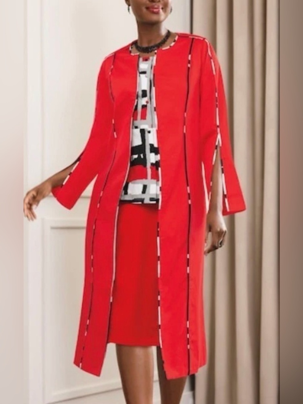 Ashro Red Long Trench Coat with Vertical Cutout Stripes